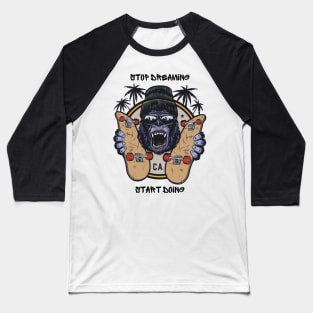 Black Beige Illustrated Skateboard Monkey with Motivational Quote Baseball T-Shirt